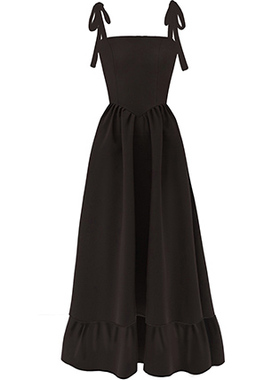 CHER品牌官方店 黑色棉麻肩部系结度假长裙