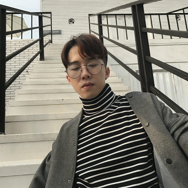 森系文青新款小清新高领条纹打底衫潮男宽松t恤长袖文艺秋季ins潮