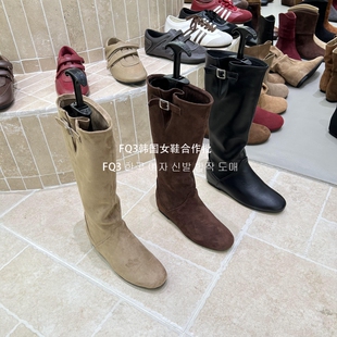FQ3 BULAGE秋长靴女圆头内增高小个子高筒靴女反绒骑士靴 实拍THE