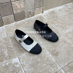FQ3 实拍BEI LI XUAN浅口波点一字带拼接圆头平跟单鞋女外穿豆鞋