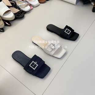 牛仔一字带女拖鞋 拖外穿时尚 实拍SY方头侧搭扣露趾女平跟凉鞋 FQ3