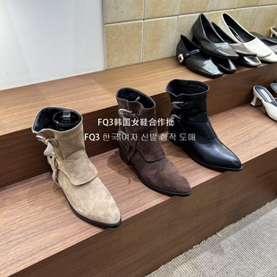 FQ3 实拍BULVJI短靴女复古尖头套筒双带搭扣粗跟马丁靴外穿女靴秋