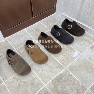 实拍BEI 内增高踏跟加绒真皮单鞋 复古冬勃肯鞋 XUAN乐福鞋 FQ3