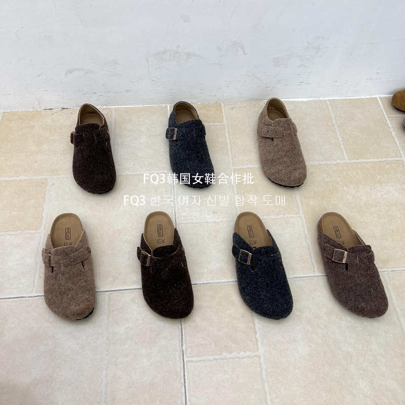 FQ3 实拍BEI LI XUAN秋新款套脚包头半拖鞋女绒面厚底防滑穆勒鞋
