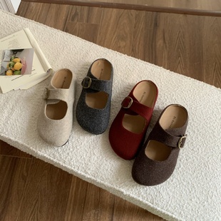 女外穿 秋复古平底包头半拖鞋 FQ3 实拍bashagirl软木厚底勃肯拖鞋