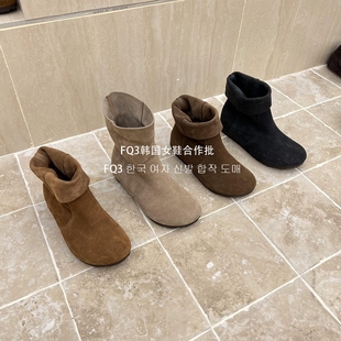 XUAN秋冬反绒真皮圆头内增高女烟筒靴翻筒时装 靴 实拍BEI FQ3