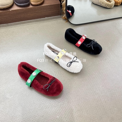 FQ3 实拍KAMIYA蝴蝶结浅口毛毛鞋女内增仙女风保暖奶奶鞋防滑棉鞋