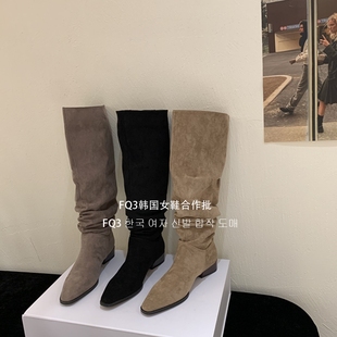 FQ3 实拍Alilover尖头粗跟骑士靴女外穿套筒休闲褶皱不过膝靴女靴