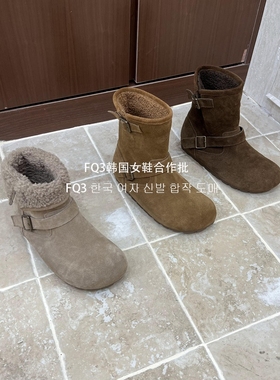 FQ3 实拍BEI LI XUAN圆头短靴女反绒真皮瘦瘦靴女加绒保暖时装靴