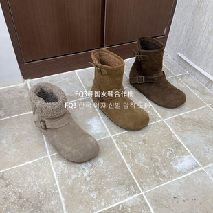XUAN圆头短靴女反绒真皮瘦瘦靴女加绒保暖时装 靴 实拍BEI FQ3