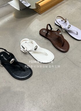 FQ3实拍THE DOU DOU夹脚平底罗马凉鞋女简约金属扣人字凉拖鞋外穿