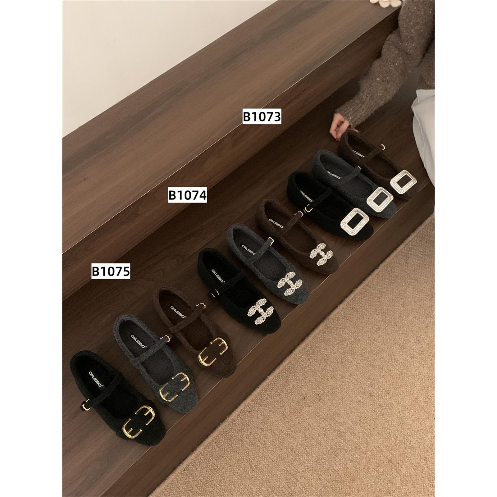 FQ3 实拍laibao平底鞋水钻浅口单鞋冬灰色毛毛仙女风玛丽珍鞋女