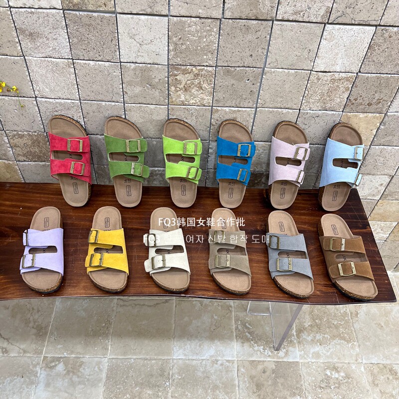 FQ3实拍BEI LI XUAN双扣磨砂外穿博肯拖鞋女2026糖果色软底沙滩拖