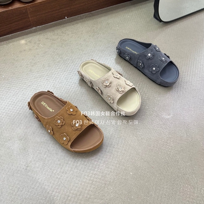 FQ3实拍 KAMIYA圆头花朵磨砂真皮厚底博肯拖鞋女复古小众沙滩拖鞋