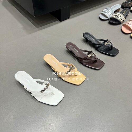 FQ3实拍 MIJILI 韩版方头夹脚高跟拖鞋女2026春夏新款外穿人字拖