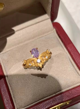 vintage法式公主风金色拉丝款镶嵌水滴紫钻皇冠戒指女小众设计
