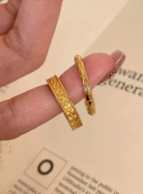 新款复古高颜值拉丝素圈麦穗麻花边开口戒指女小众时尚百搭指环潮