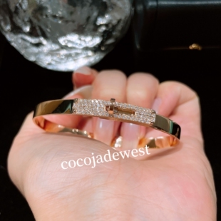 18k金天然钻石凯莉kelly满钻卡扣手镯玫瑰金白金手环女