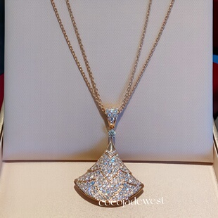 18k金天然钻石新款大扇子项链玫瑰金毛衣链满钻扇子项链裙子项链