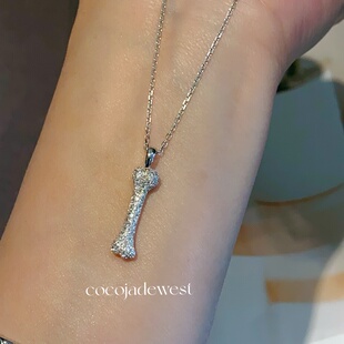 18k金天然钻石项链骨头项链女白金锁骨链骨头满钻项链