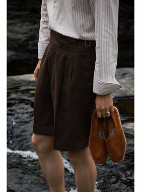 UGENTLE男装品牌「布朗森林」Gurkha 廓尔格复古高腰水洗亚麻短裤