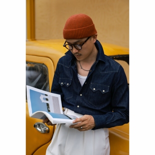 UGENTLE男装 成衣水洗「墨迹蓝丹宁」复古西部小方领绅士手工衬衫