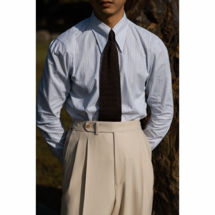 UGENTLE男装 纯棉面料「西西里条纹」意式复古 教父领 长袖衬衫男