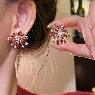 2026新款新年时尚红色烟花耳钉滴釉微镶锆石耳环高级感大气耳饰女