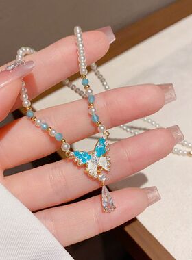 玻璃珠项链蝴蝶链设计感百搭轻奢独特吊锁骨简约水滴法式小众