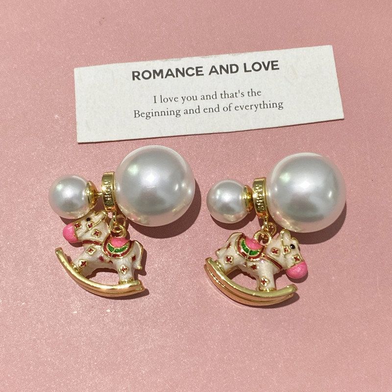 爆款童趣木马珍珠吊坠耳环银针耳钉女独特漂亮耳饰小众设计感耳环