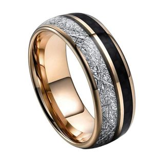 8宽球面钨金戒指镶陨石的碳纤维24K玫瑰金电镀厂家直销