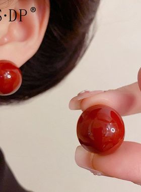 亚马逊跨境时尚复古红色滴油圆形耳钉气质轻奢简约百搭设计感耳环