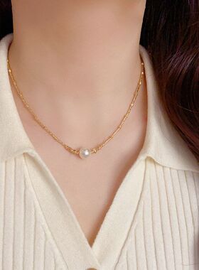 法式轻奢气质白色珍珠棍链项链小众时尚简约设计感百搭锁骨链批发