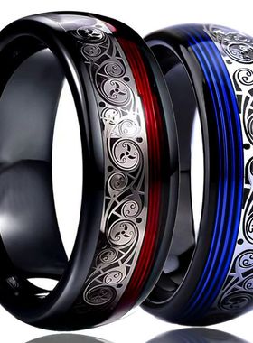 8宽黑色球面钨金戒指镶嵌红色&蓝色吉它线凯尔特结文艺男戒代发