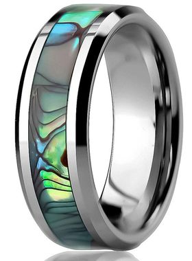 钨钢情侣戒指平面倒角镶天然鲍鱼贝壳时尚戒指欧美风一件代发