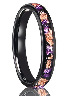 4宽电黑钨钢戒指镶碎金箔紫水晶男士戒指一件代发跨境热卖