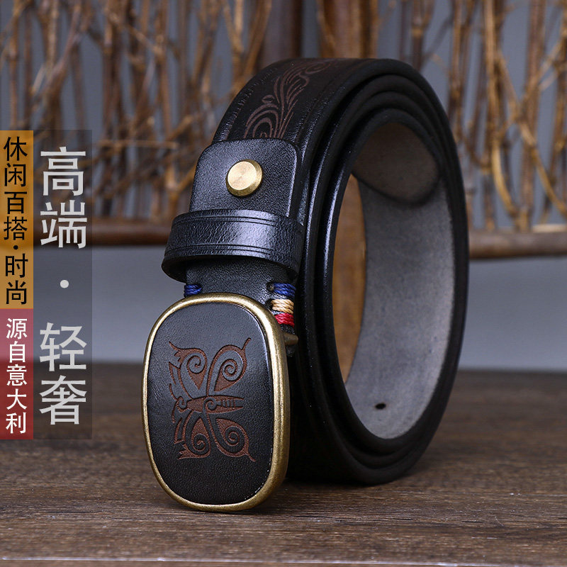 刺影男雕刻头层牛皮铜休闲裤腰带