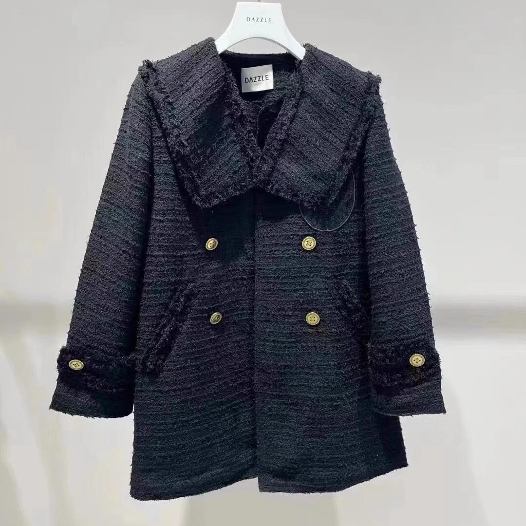 2E4G202折DAZZLE地素国内正品代购2022冬黑色粗花呢大衣吊牌3299