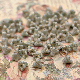 2颗 进口捷克珠5x6mm复古蓝描金风铃珠铃兰花手工串珠材料DIY散珠