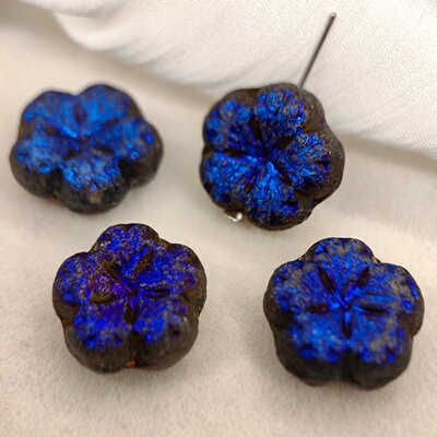 进口捷克琉璃珠17mm蚀刻蓝色大胖花木棉花手作串珠diy饰品材料