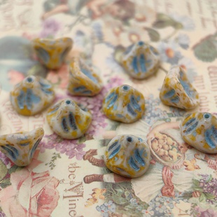 进口捷克珠11x8mm毕加索牛骨描蓝曼陀罗花托手工串珠diy材料散珠