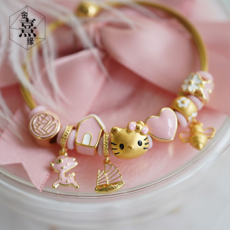 一鹿顺风有车有房开运手链粉色3D硬金黄金手链kitty猫黄金手链女