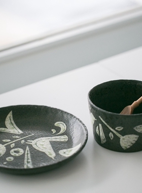 日本陶艺作家手作 森林动物手绘粗陶餐盘 面盘 沙拉盘 北川作品