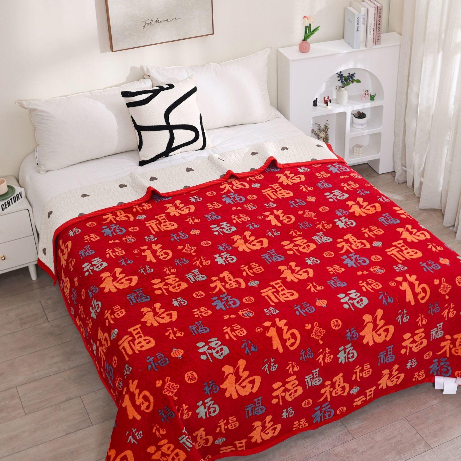新年红色喜庆百福牛奶绒床盖
