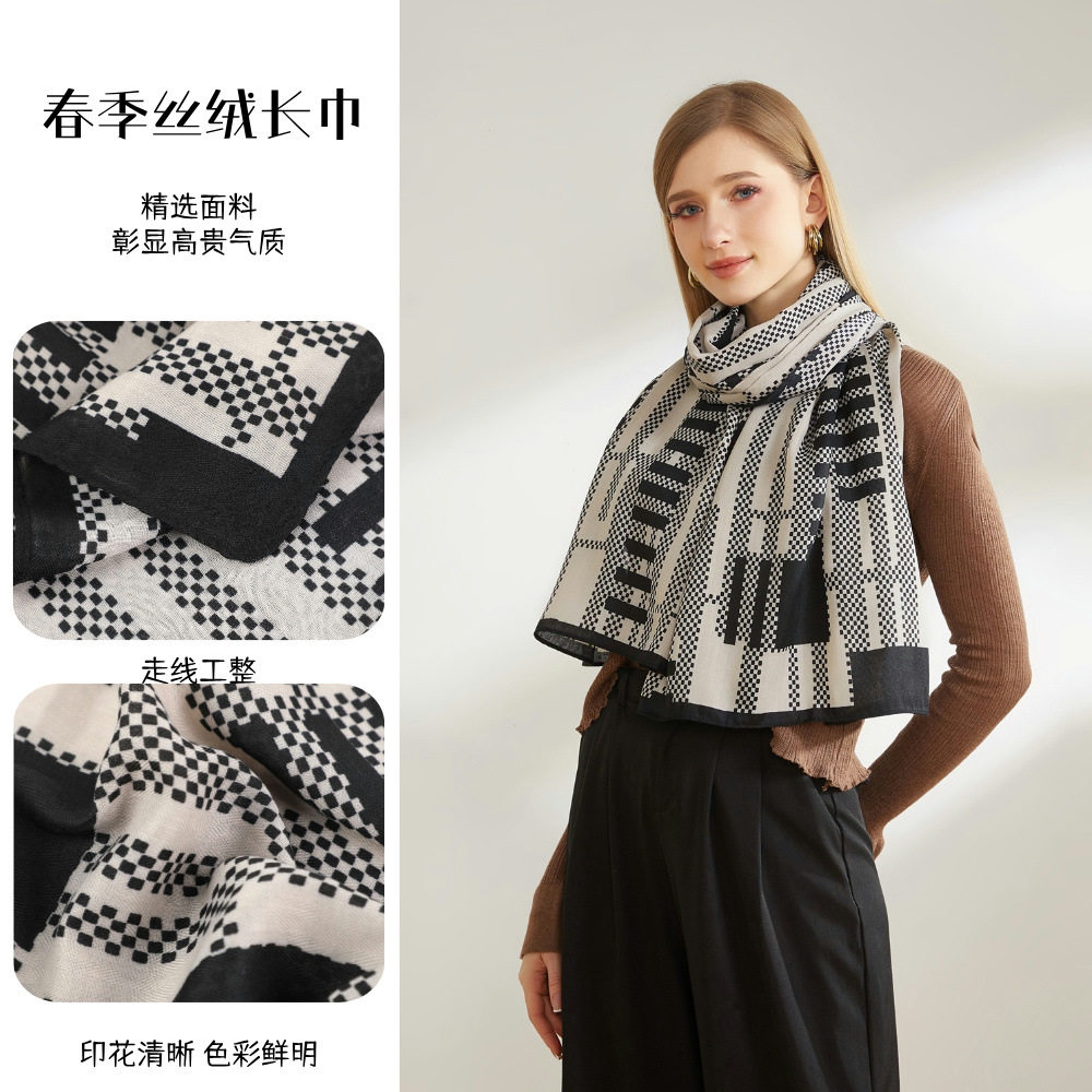 春季新款棉麻格子丝巾马赛克感气质韩国围巾亚麻印花定制披肩