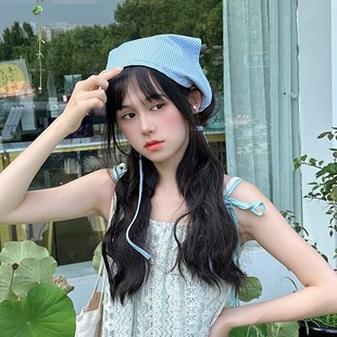 DINI蓝色格子三角头巾女夏天时尚 包头丝巾复古方巾ins 发巾法式