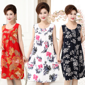 夏季 长裙 人造棉裙子老年人睡裙薄女装 中老年棉绸连衣裙大码 妈妈装