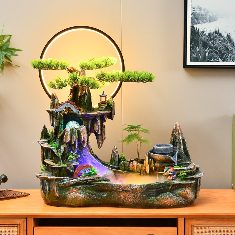桌面高山流水假山鱼缸电视柜开业招财乔迁新居礼品办公室装饰摆件