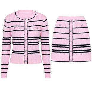 欧美气质高品质春秋新款条纹淑女款女式上衣外套 +包臀半身裙套装