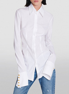 深圳高端女装2024新款欧美明星时尚简约修身白色喇叭袖长袖衬衫